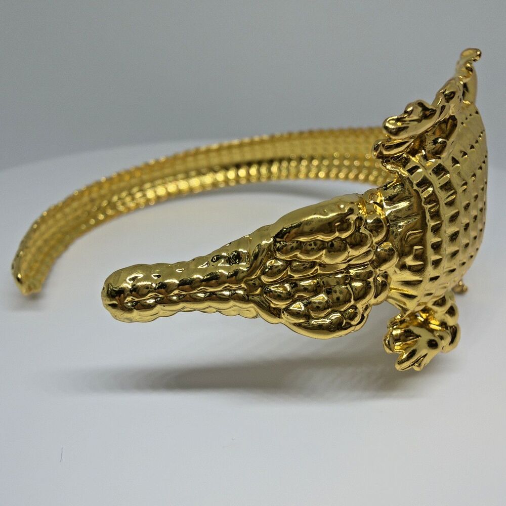 Gold-Tone Alligator Clamper Cuff Bracelet, Statement, Unsigned Costume Jewelry